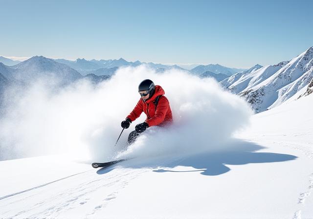 Skifahrer in tiefem Pulverschnee mit schneebedeckten Gipfeln im Hintergrund