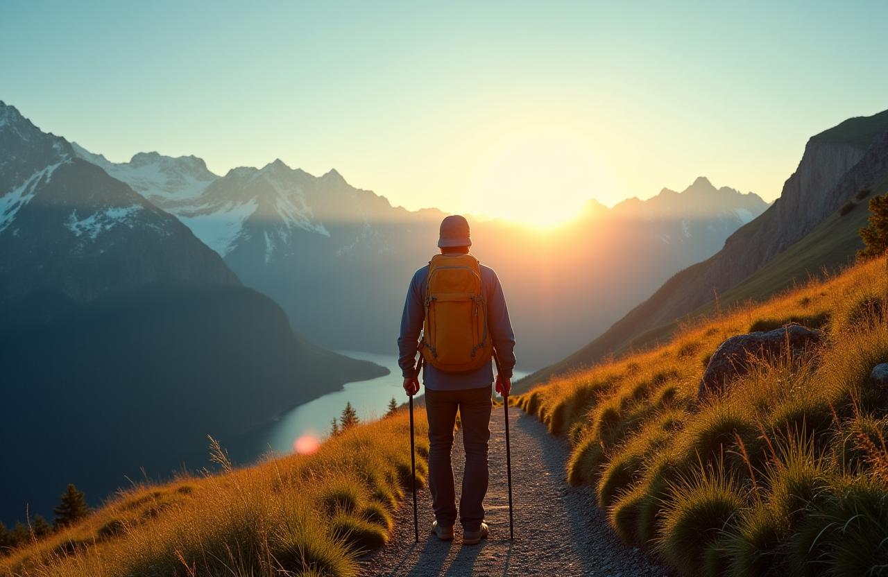 Wanderer mit Rucksack auf einem Bergpfad in den Schweizer Alpen bei Sonnenaufgang