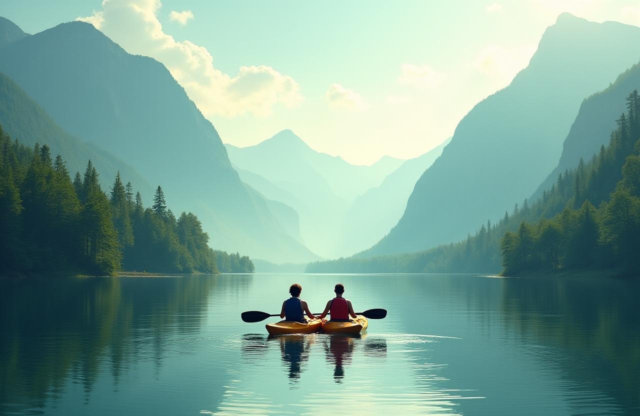 Paar in einem Kajak auf einem ruhigen Bergsee, umgeben von grünen Wäldern und Bergen